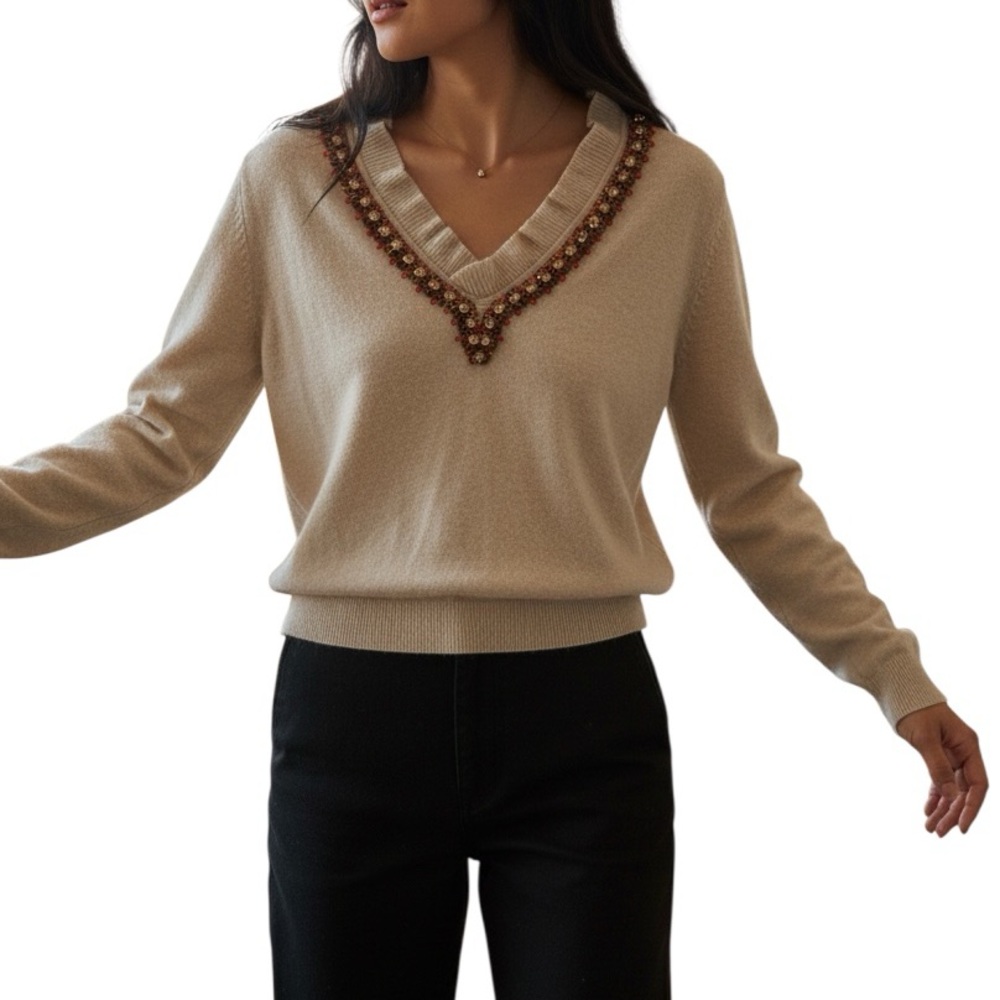 Valentino Beige V-Neck Sweater with Embellished Trim
